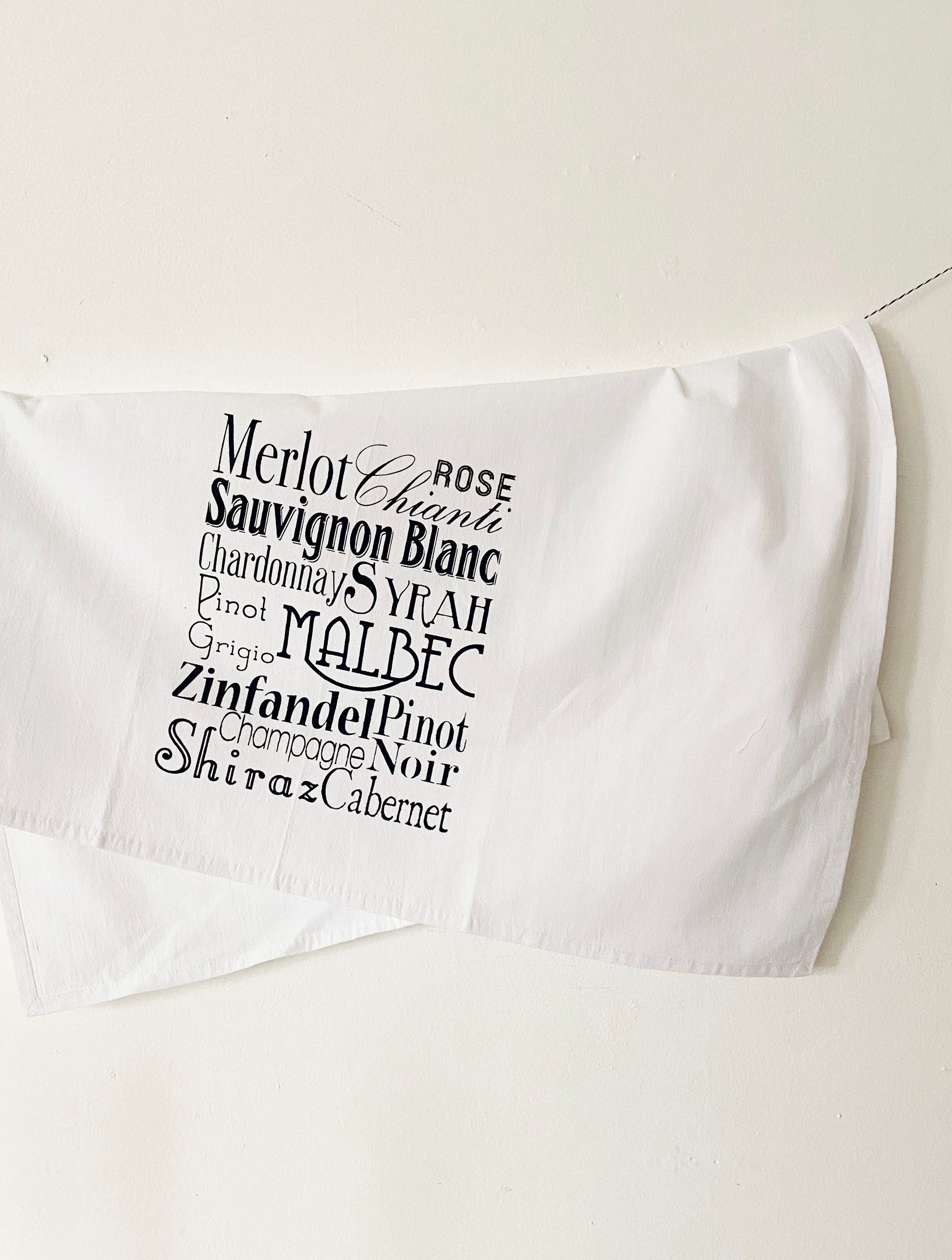 kitchen towel with wine names in type screen print