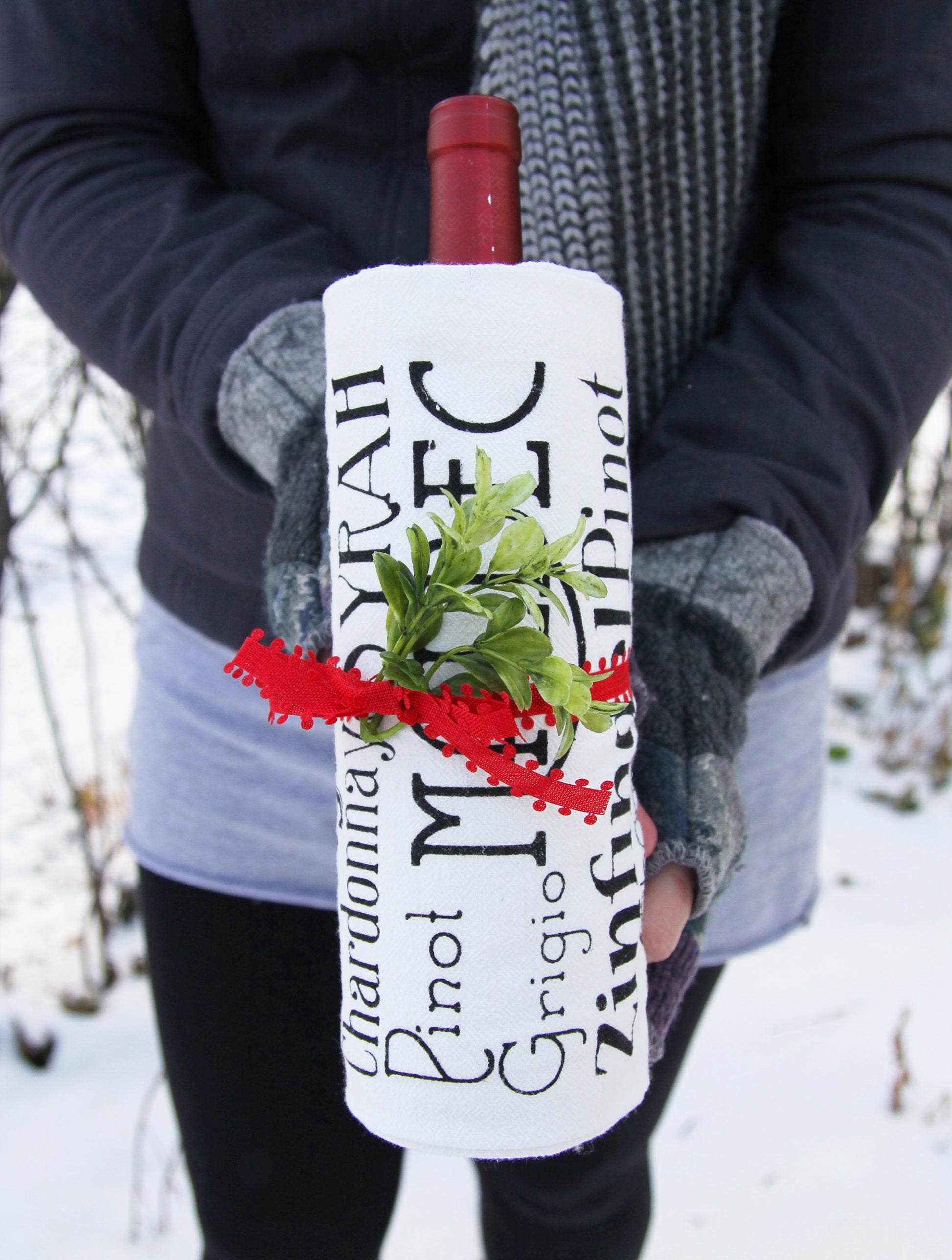 tea towel gift wrap for a wine bottle with a variety of wine screen print malbec pinot grigio kitchen towel screen printed coin laundry fun cotton tea towel