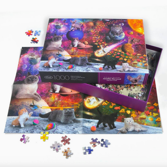Jigsaw puzzle with cat-themed artwork and scattered pieces on a white background