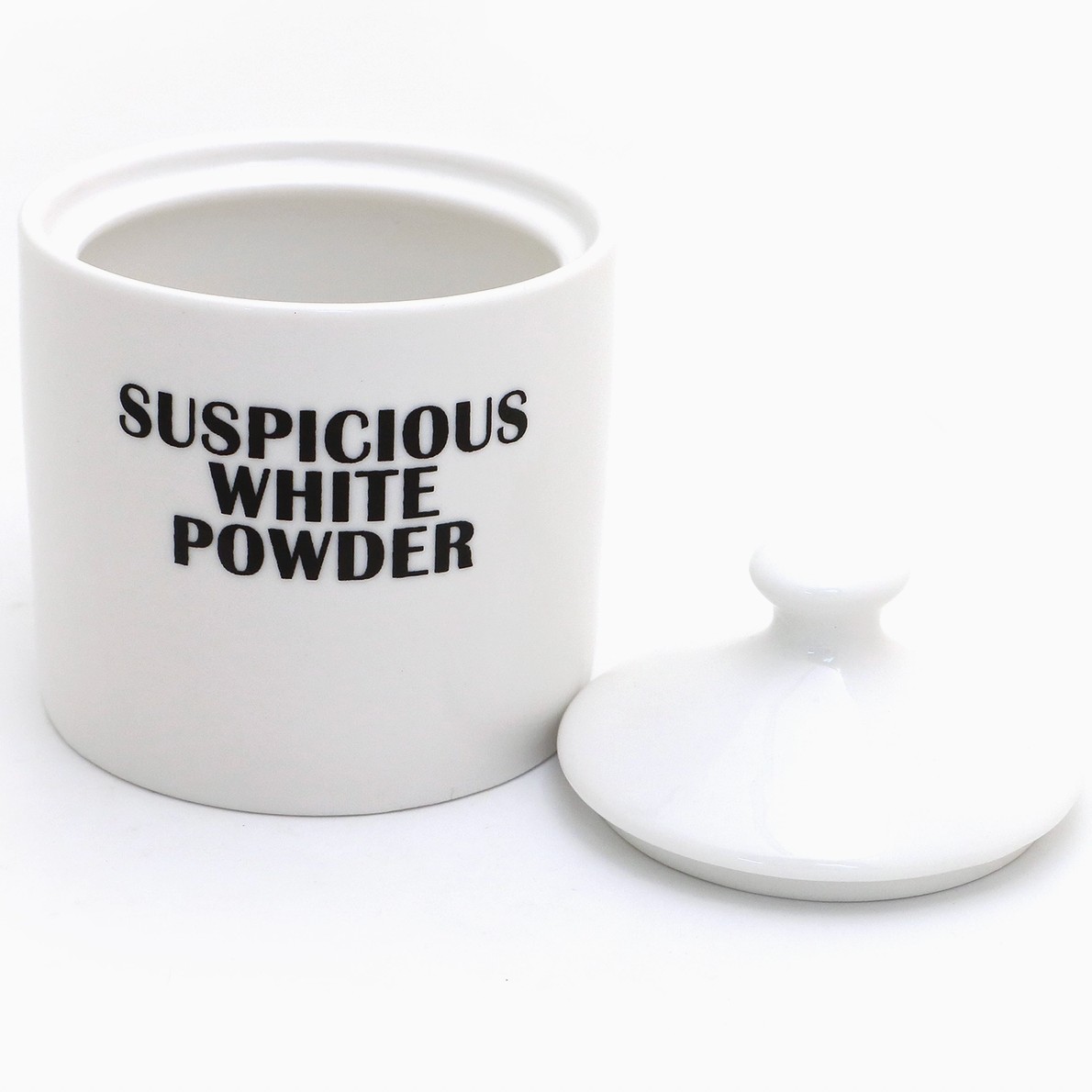 White container with 'Suspicious White Powder' text on a white background