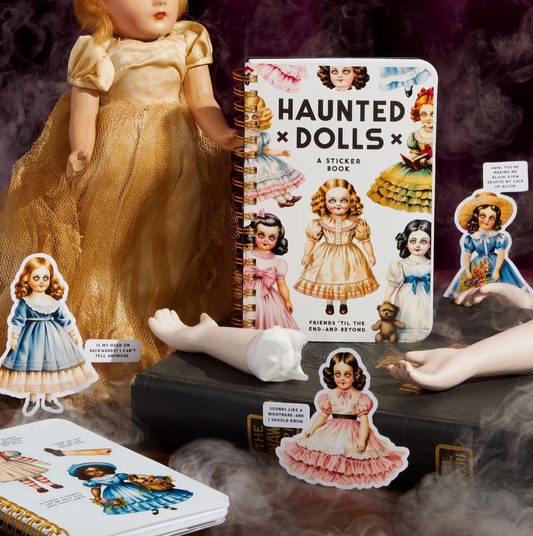 Sticker book titled 'Haunted Dolls' with vintage-style dolls and stickers on a dark background.