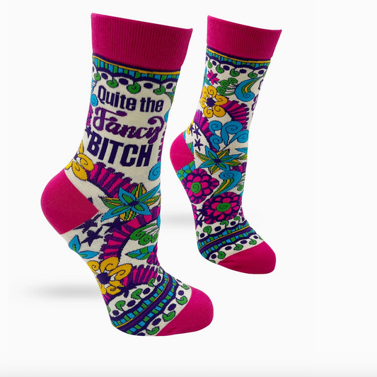 Colorful socks with floral patterns and fancy bitch text on a white background