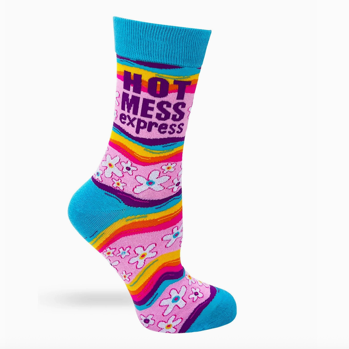 Colorful sock with 'Hot Mess Express' text on a white background