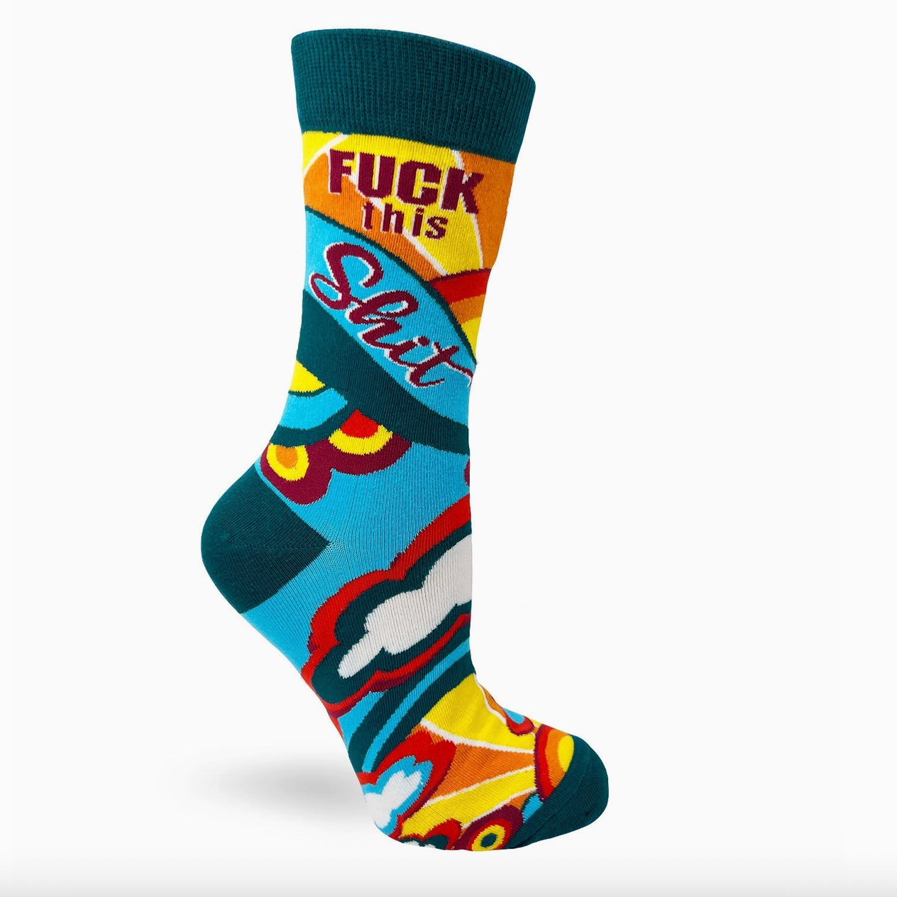 Colorful sock with graphic design and text on a white background