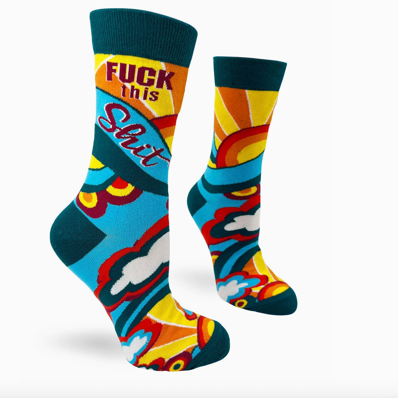 Colorful socks with graphic designs and fuck this shit text on a white background