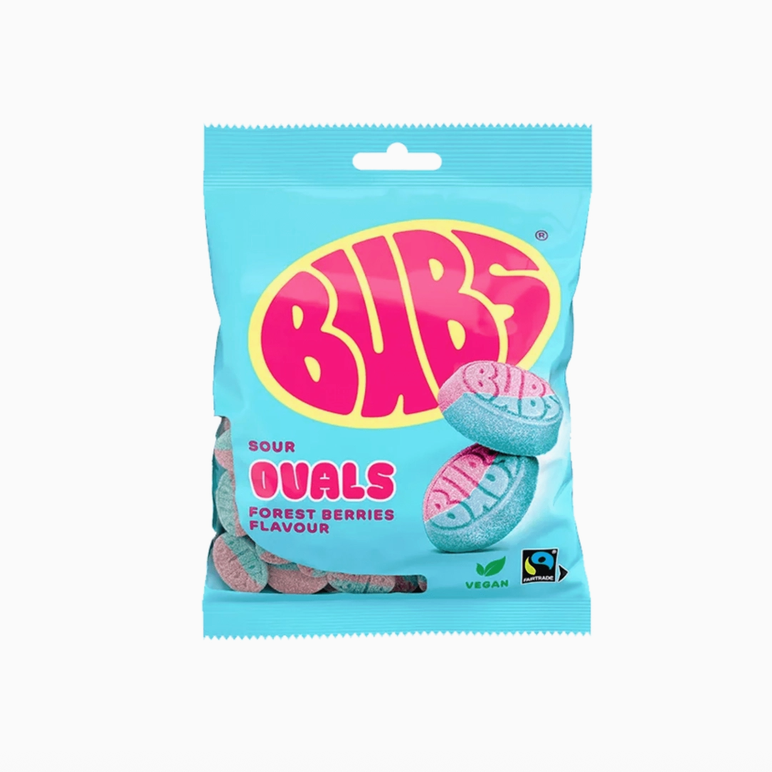 Packaging of Bubs Sour Ovals forest berries flavor on a white background