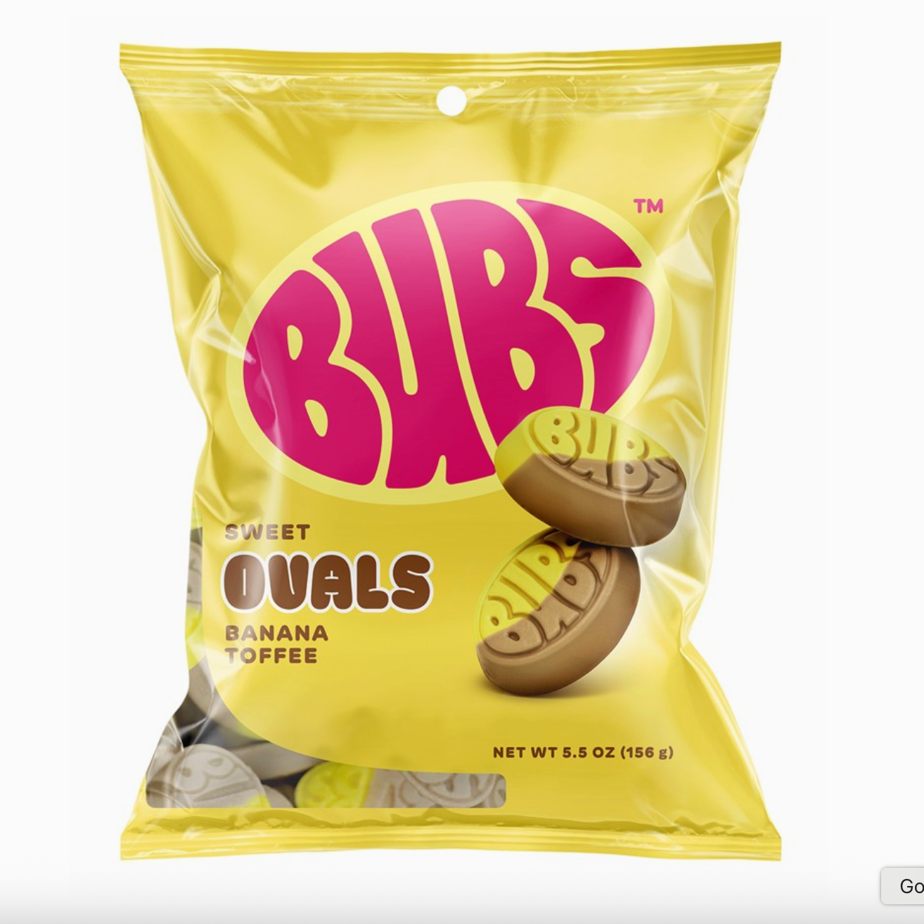 Yellow package of BUBS Sweet Ovals Banana Toffee on a white background