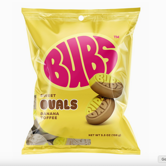 Yellow package of BUBS Sweet Ovals Banana Toffee on a white background