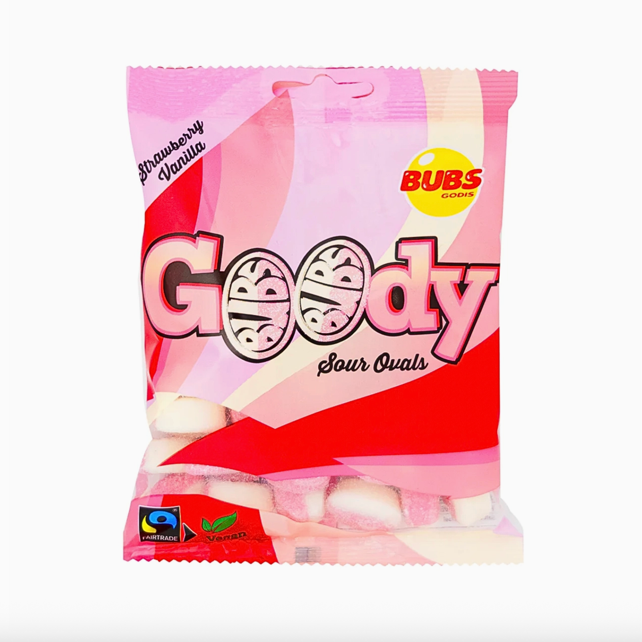 Pack of Bubs Goody Sour Ovals candy with pink and red packaging on a white background