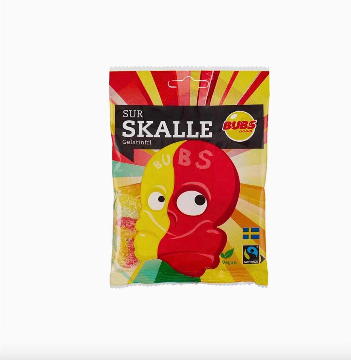 Packaged product bubs sour skulls with colorful design and text on a white background