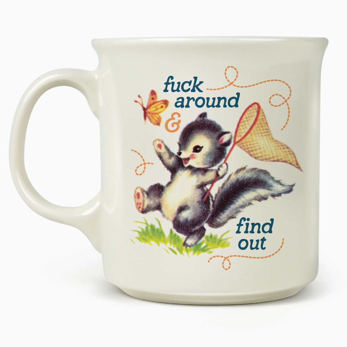 Mug with a cartoon squirrel design and text on a white background