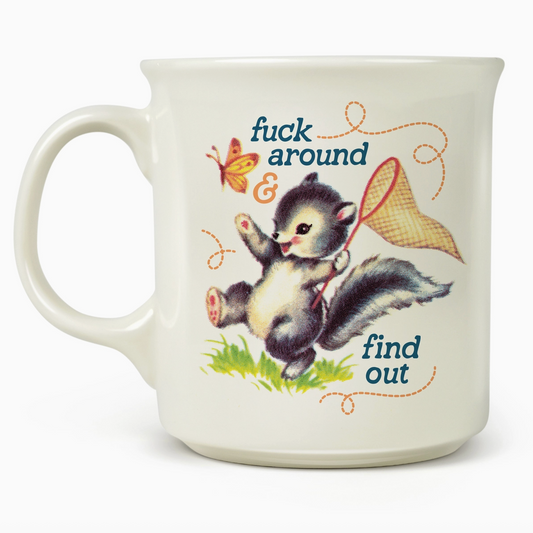 Mug with a cartoon squirrel design and text on a white background