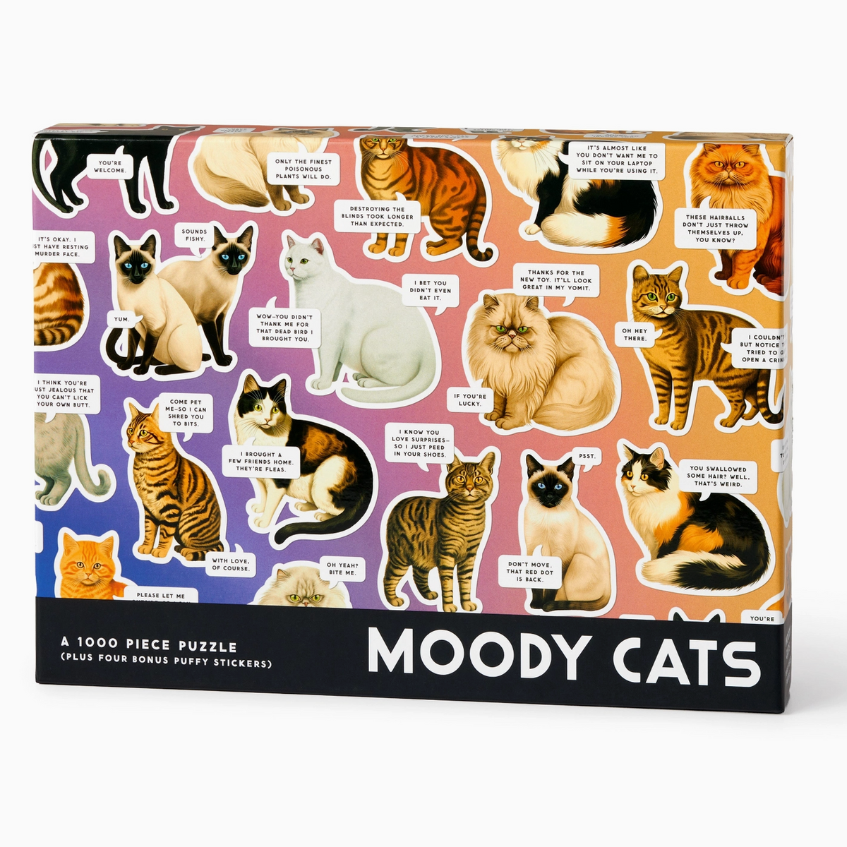 A 1000-piece jigsaw puzzle box titled 'MOODY CATS' featuring a colorful collage of various cat illustrations with humorous text labels on a pink, purple, and orange background.