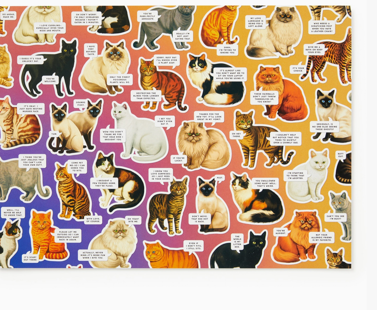 A rectangular art print or poster featuring a colorful collage of illustrated cats in various breeds and colors, each with a speech bubble containing humorous text. The background of the print transitions through warm orange and cool purple tones, and the entire print is shown against a clean white background.