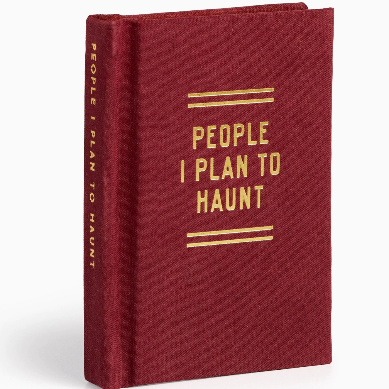 A hardcover book with a textured dark red cover and gold foil lettering that reads 'PEOPLE I PLAN TO HAUNT' on the front cover and spine, shown on a clean white background.