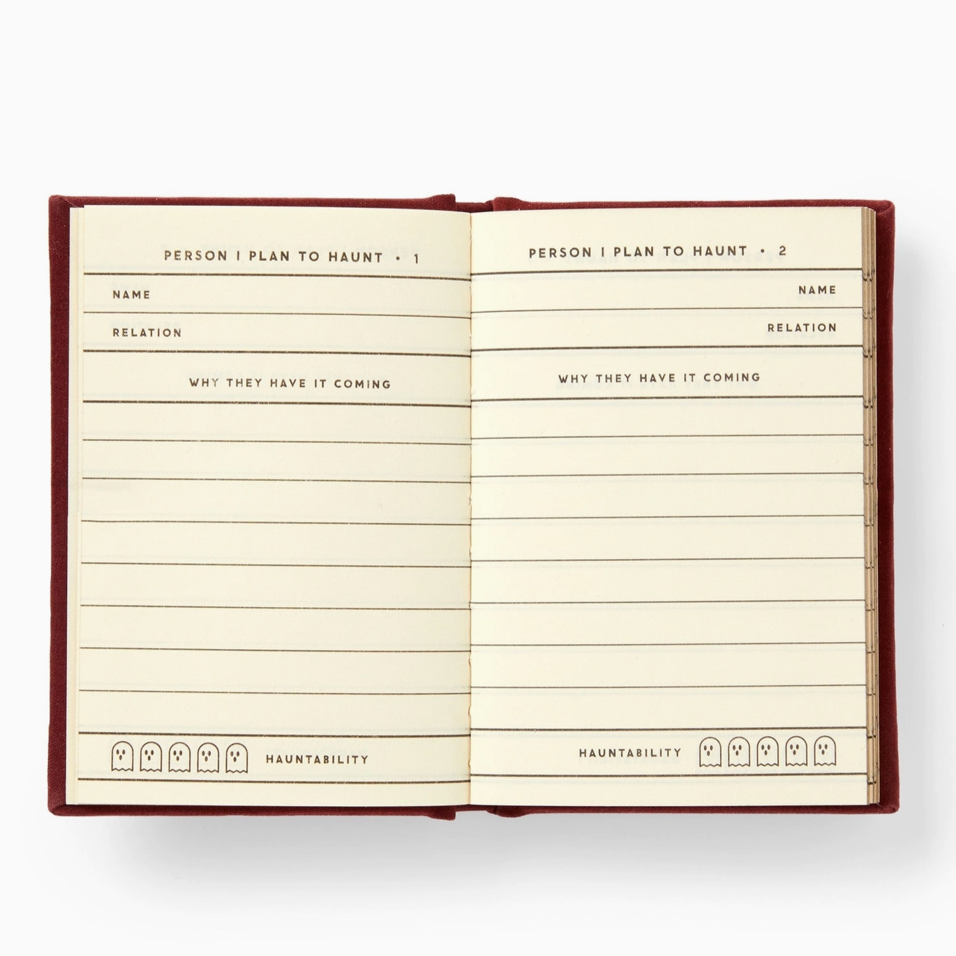 An open notebook or journal showing two cream-colored interior pages with printed fields for writing about a person to haunt, set against a dark red cover on a light gray background.