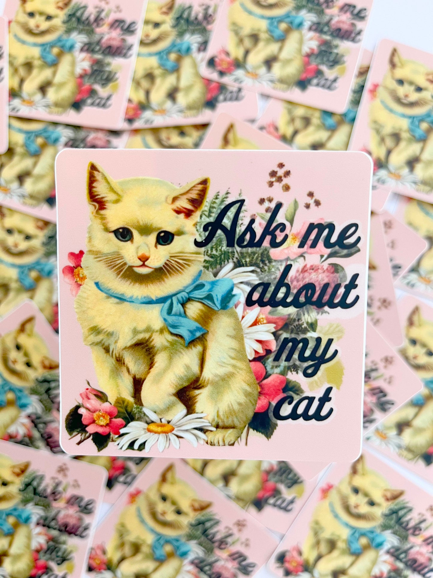 ask me about my cat cute sticker funny kitty stickers 80s cats decal fun stickers water bottle laptop kitten coin laundry montana cat mom gift cat dad gift