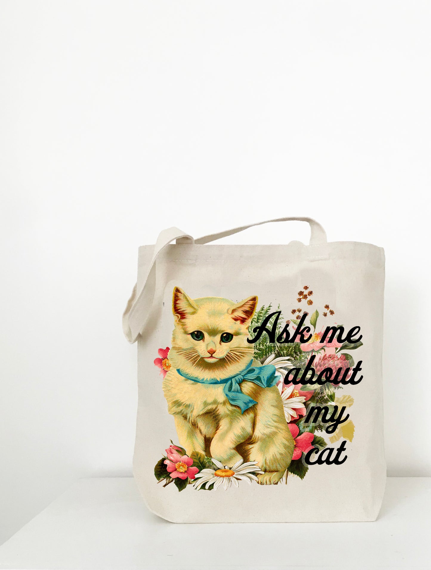 funny cat tote bag retro 80s 90s style cat with flowers tote bag reusable bag for shopping groceries cute cat mom kitty cat cat dad travel bag funny bag coin laundry montana ask me about my cat