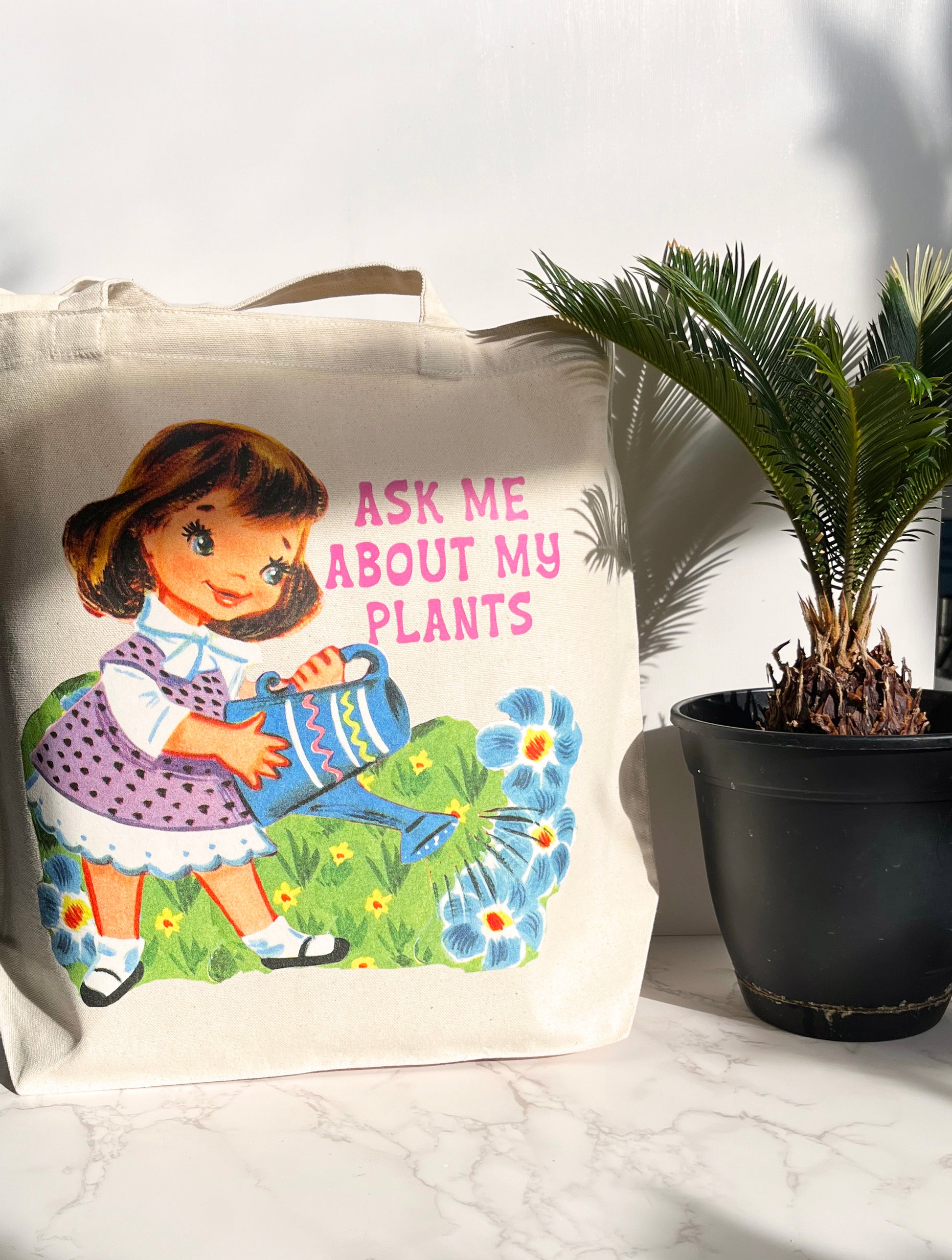 cute reusable tote bag cotton canvas retro girl with flowers ask me about my plants garden mothers day gift funny vintage style shopping bag coin laundry 