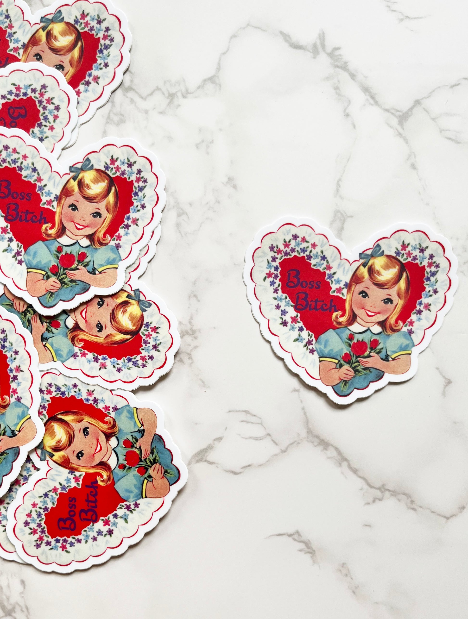 boss bitch sticker cute vintage girl with flowers and heart shaped sticker funny decal coin laundry fun sticker vintage style valentine girlboss 