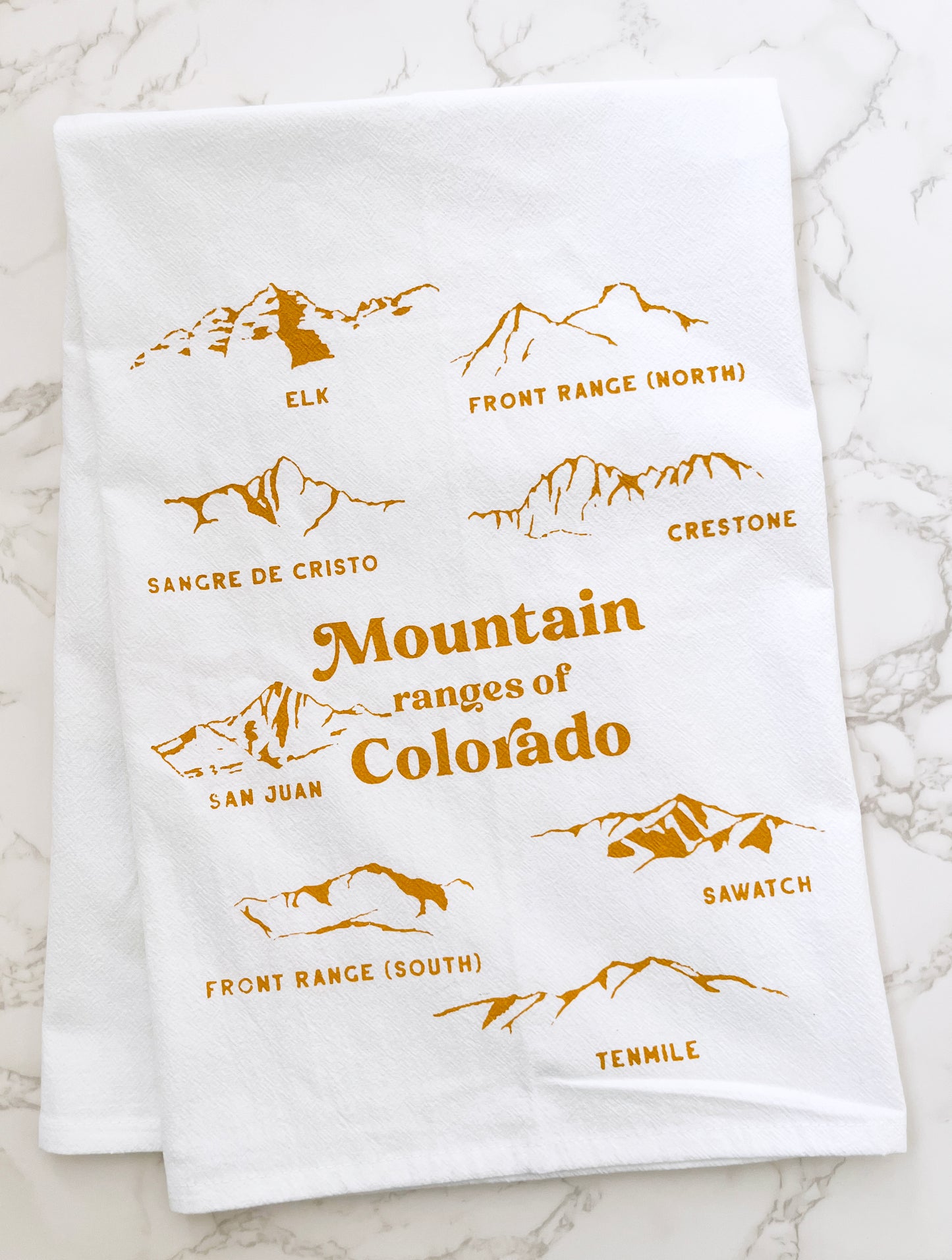 mountain ski adventure kitchen dish tea towel decor ochre color mountains ranges of colorado coin laundry 