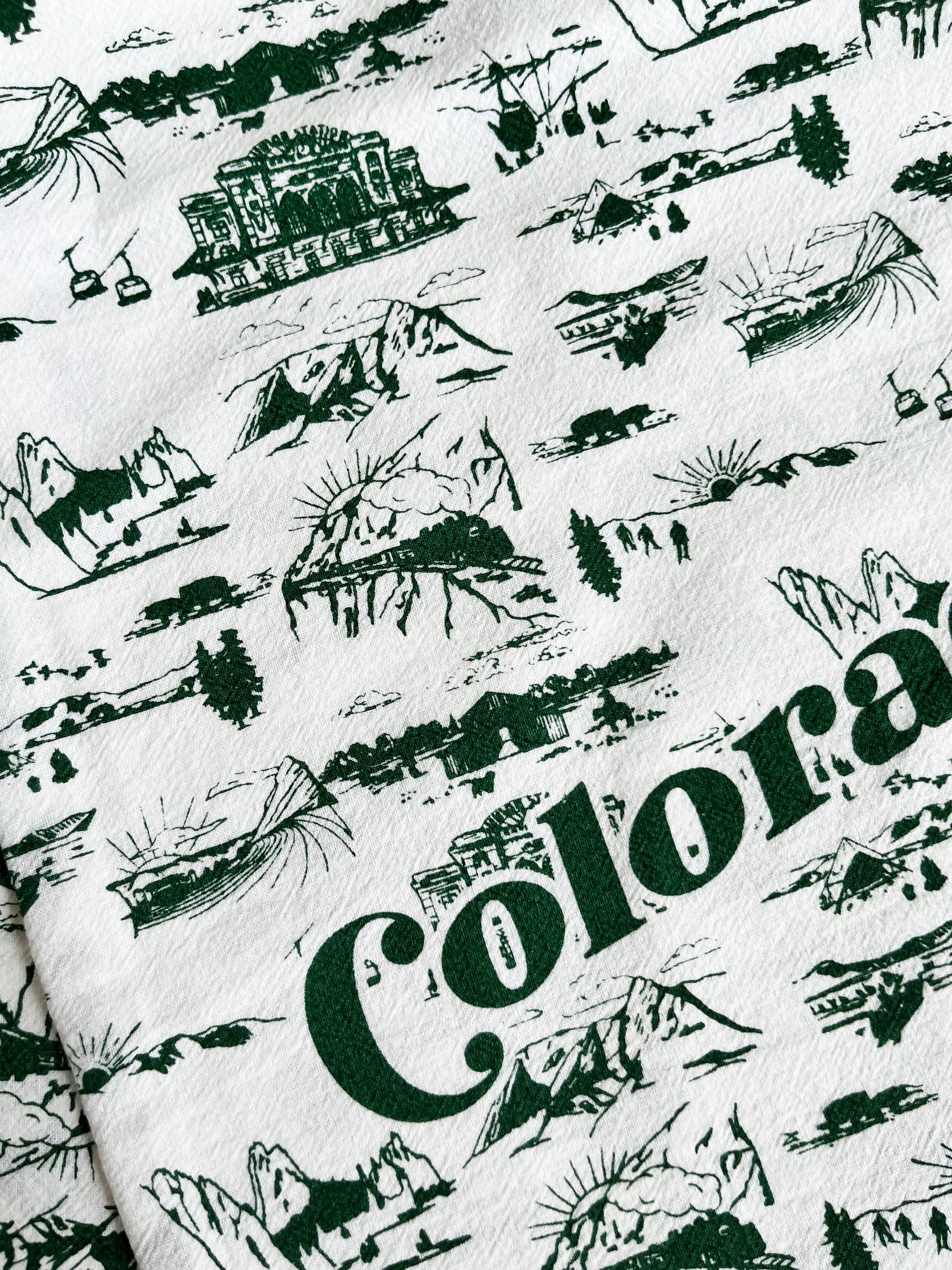 outdoor classic scenes of beautiful colorado state tea towel screen printed dark green travel hike camp outside activities union station 