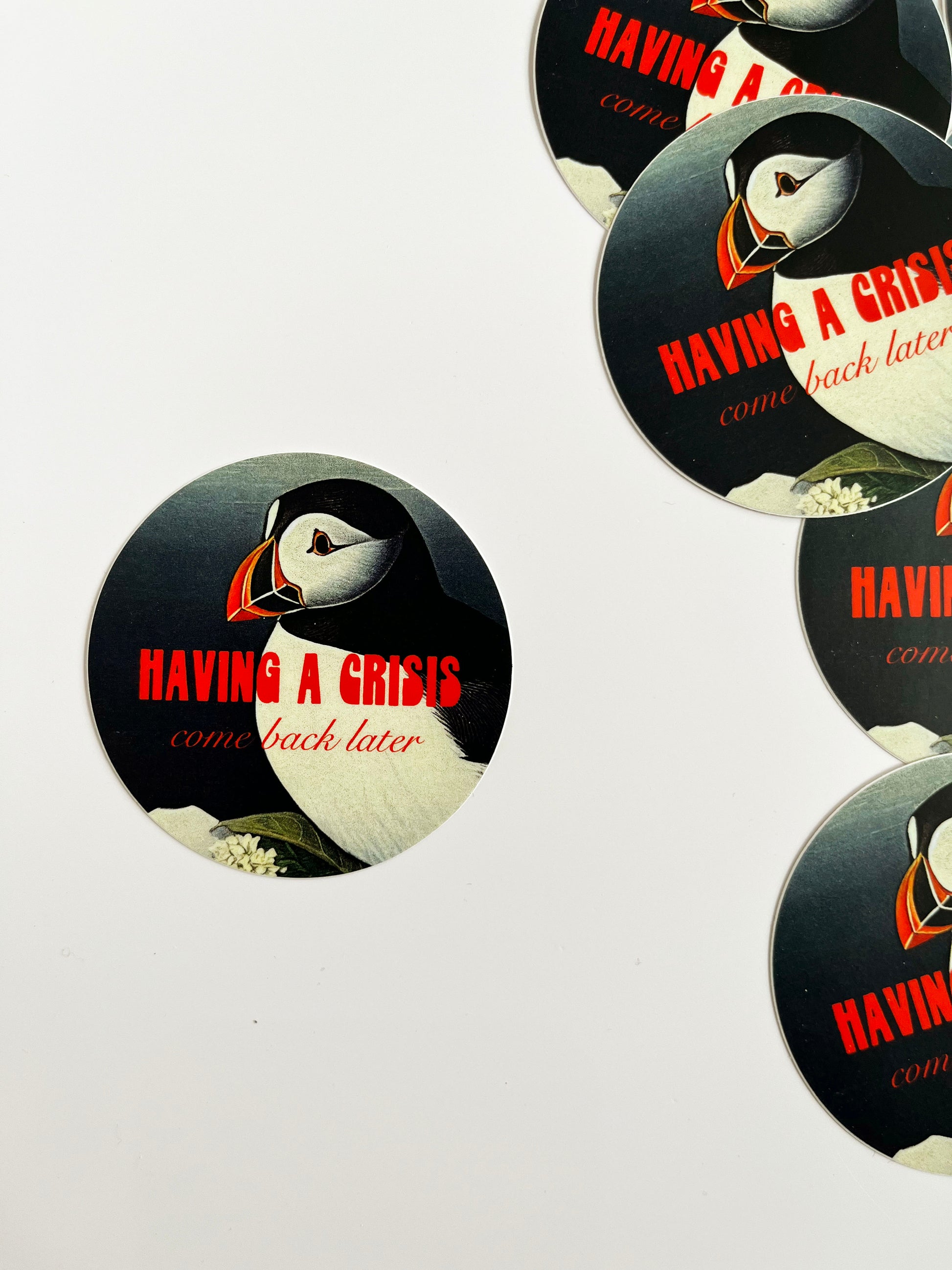retro puffin bird having a crisis come back later funny sticker cute bird sticker stickers for environmentalists coin laundry fun stickers montana 