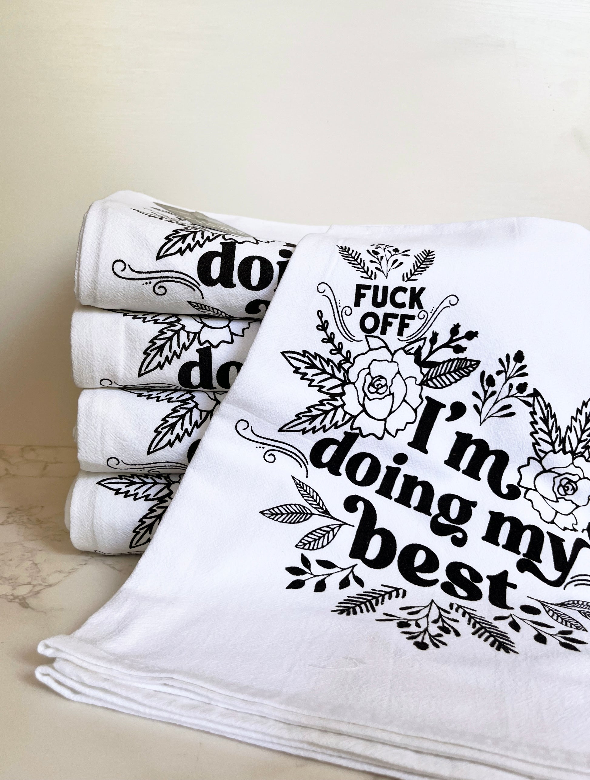 fuck off im doing my best funny dish towel screen print black white retro floral design snarky home decor gifts coin laundry montana