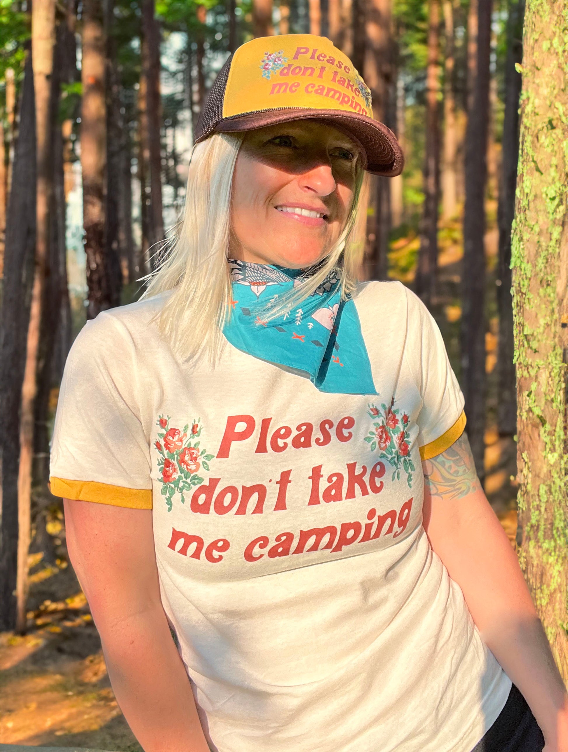 woman in forest cute please dont take me camping tee funny ringer shirt womens camp tee cute outdoors hiking gift funny shirt unisex retro style indoorsy fun shirt gift