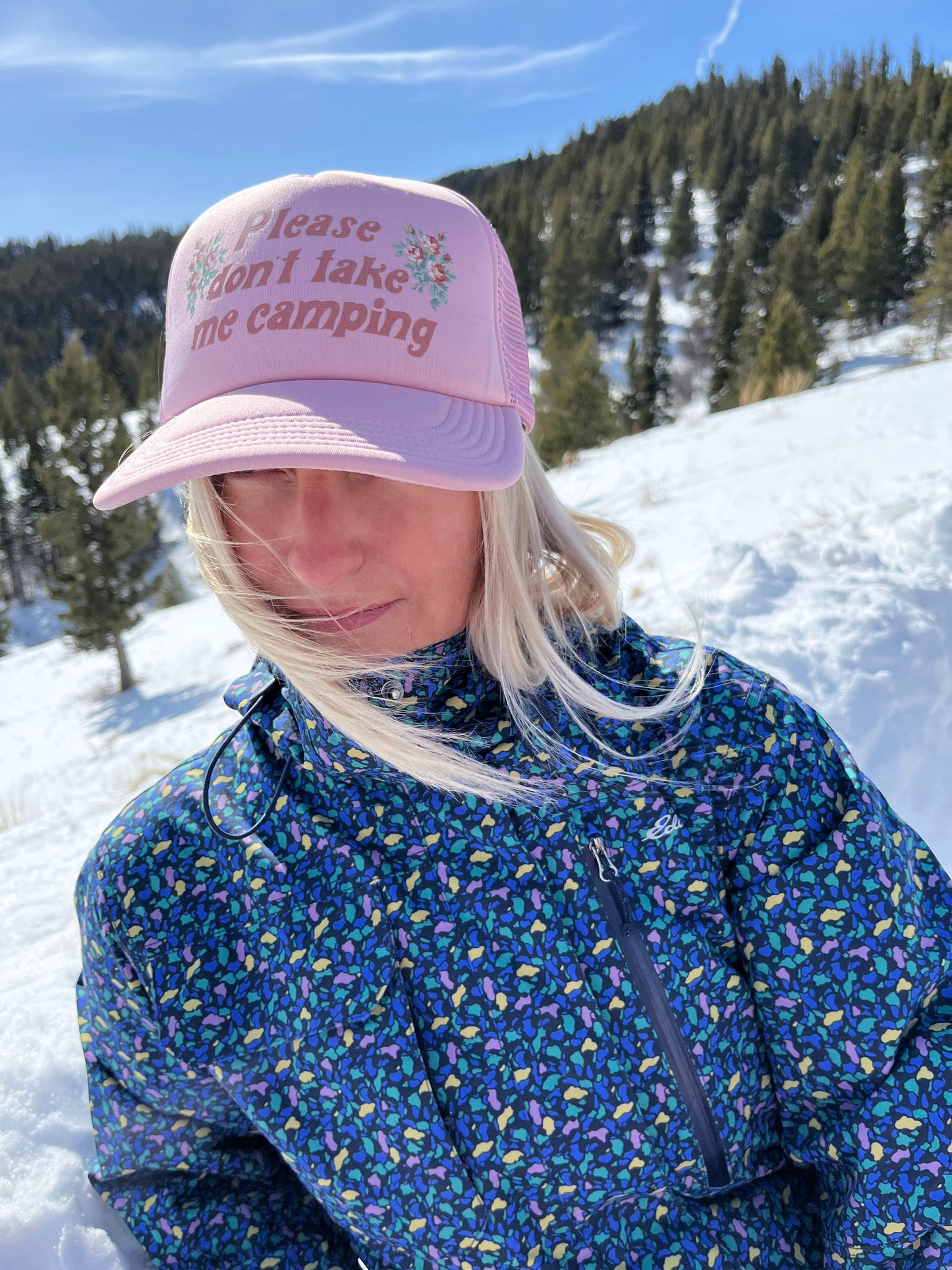 dont take me camping funny trucker hat pink with flowers cute camp mesh back hat retro style fun fashion baseball hat womens coin laundry bozeman montana 