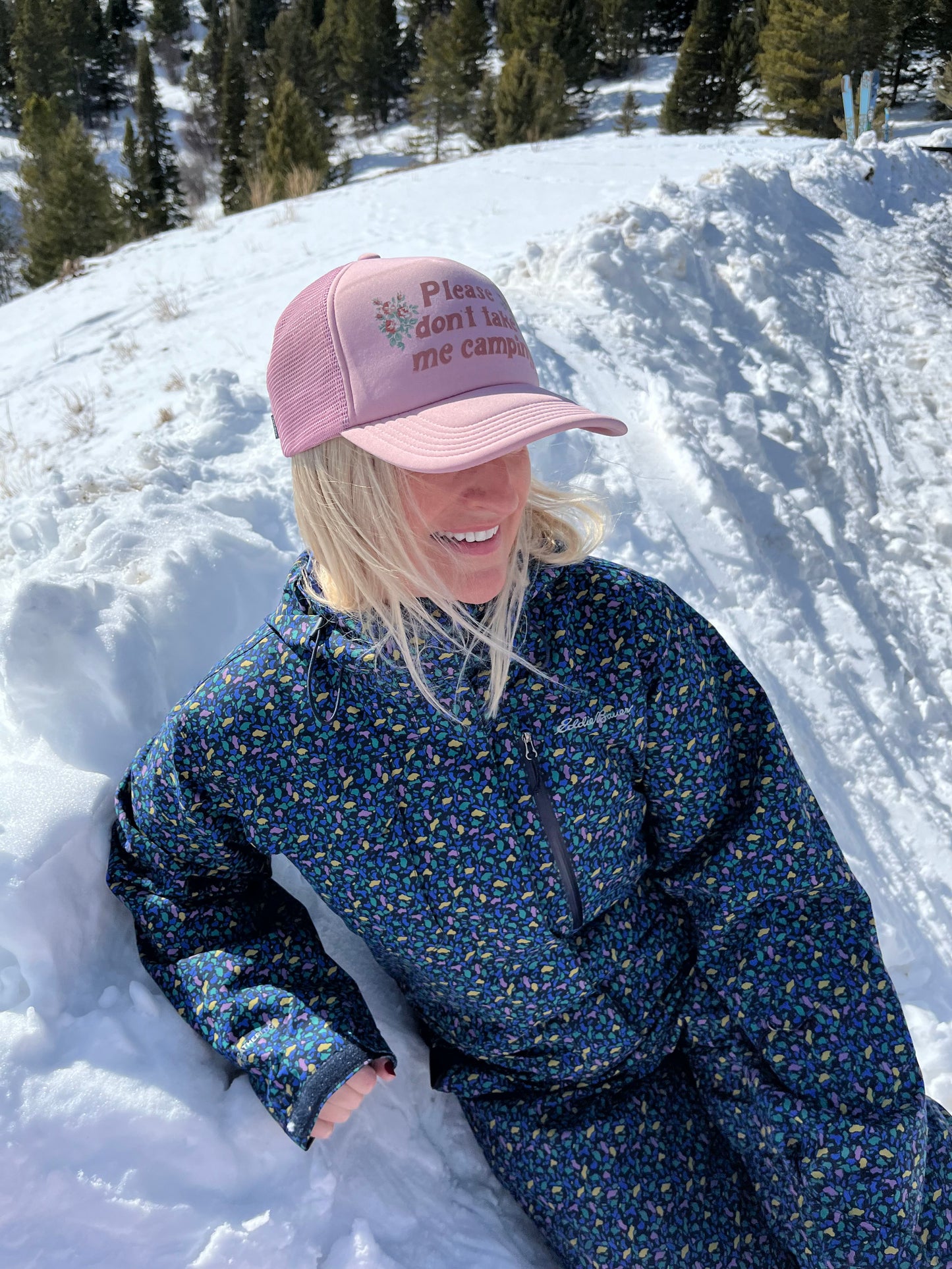 cute trucker hat womens fun dont take me camping funny baseball hat pink flowers floral retro style coin laundry hiking outdoors skiing fun 