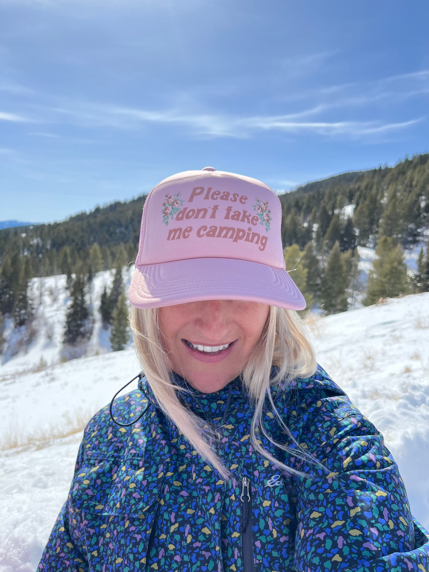 camping funny trucker hat pink with flowers cute fun hat retro floral print camp dont take me camping montana bozeman coin laundry pink mesh back hat outdoors hiking backcountry 