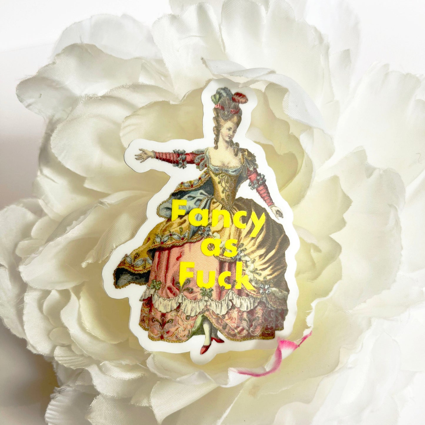 Vintage-style illustration of a woman in a dress with text 'Fancy as Fuck' on a white flower.