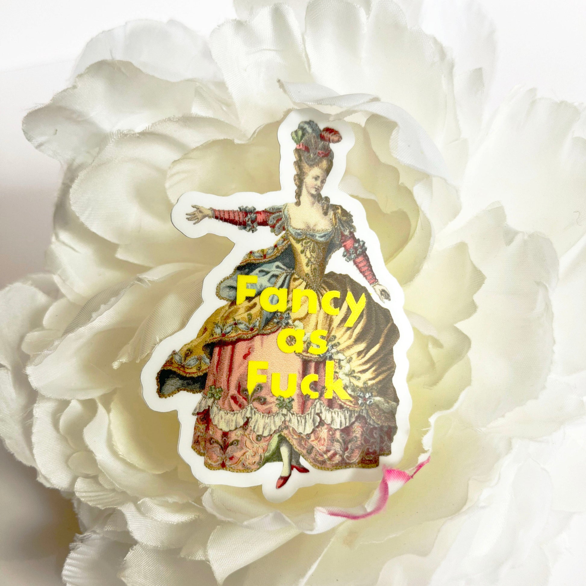 Vintage-style illustration of a woman in a dress with text 'Fancy as Fuck' on a white flower.