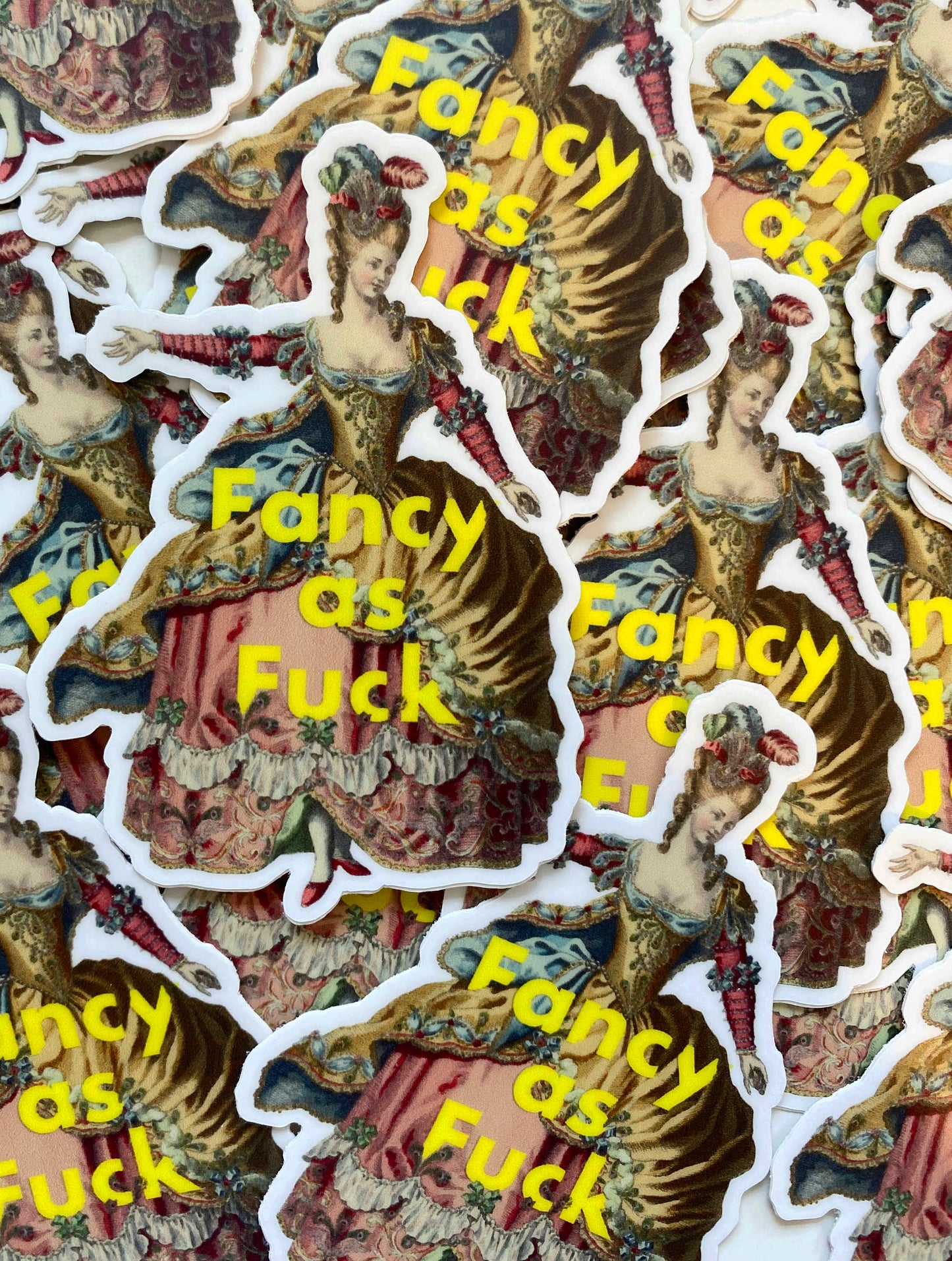 Fancy as fuck funny sticker with roccoco marie antionette style gown hair stickers for water bottle laptop car fun sticker coin laundry print shop montana