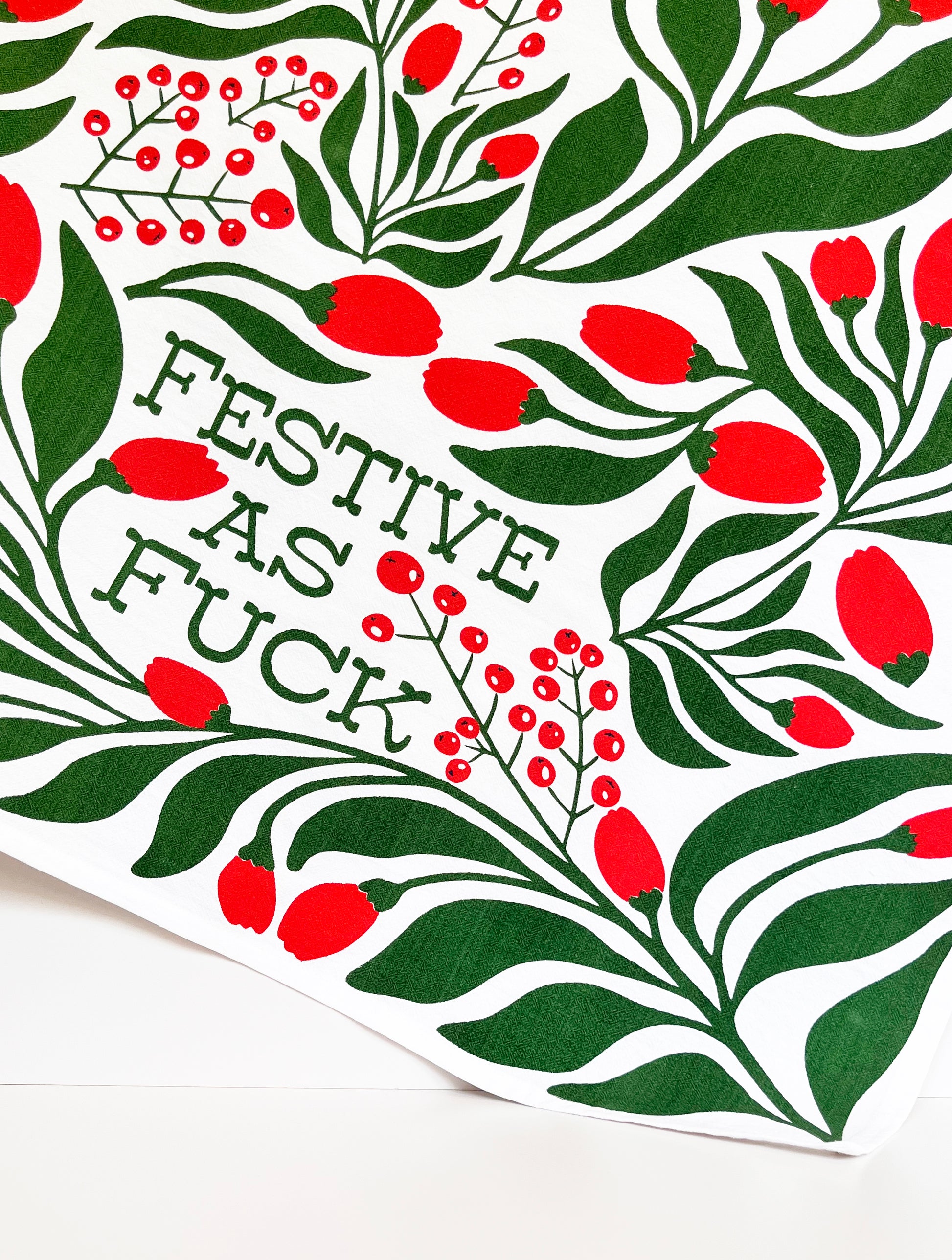 festive as fuck cotton dish towel decorative fun joyful happy bright color red green screen print modern flowers on trend coin laundry screen print holiday xmas christmas