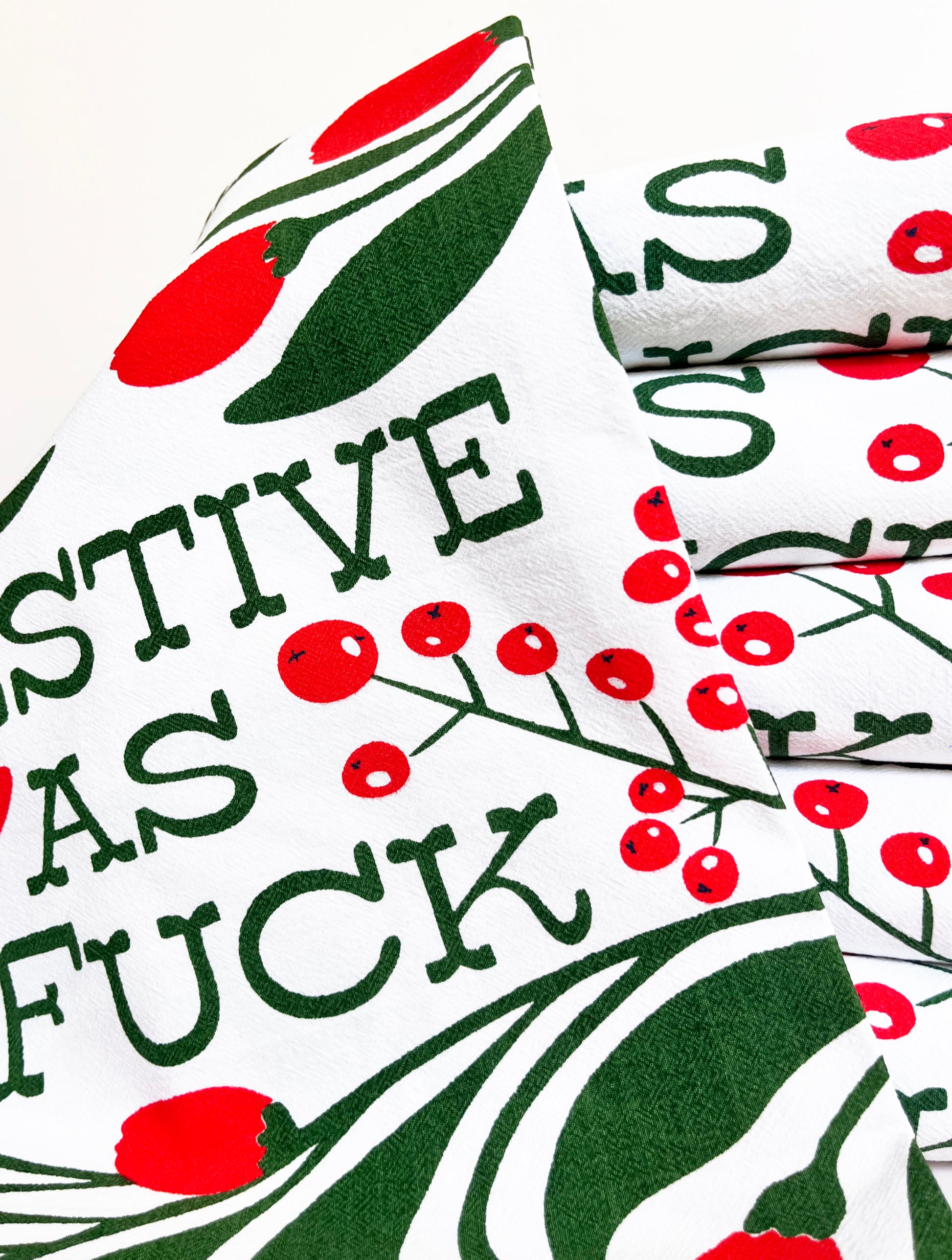beautiful dish towel decorative holiday decor christmas winter chic boho vintage vibes red green cuss word festive as fuck coin laundry screen print