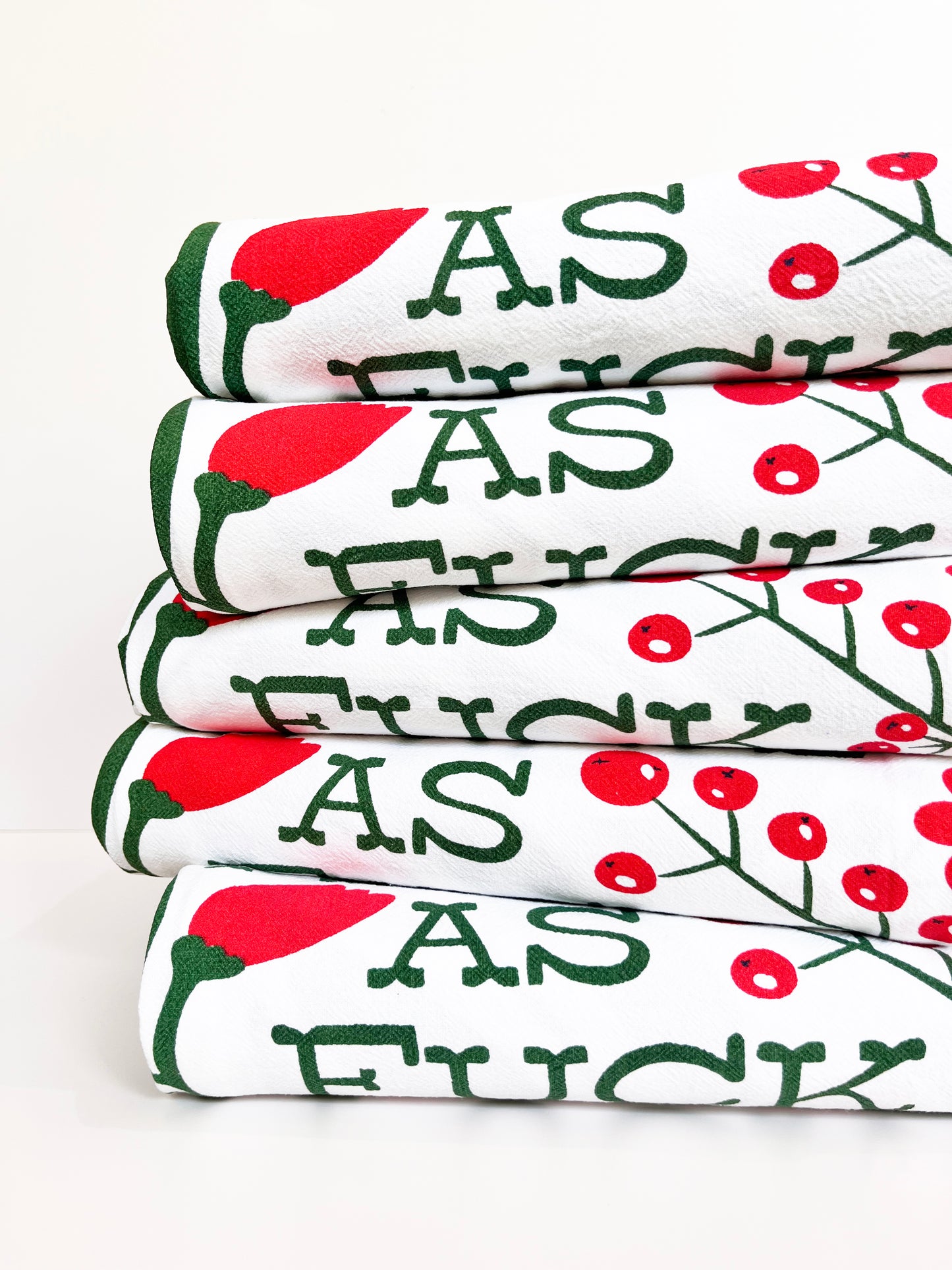 cute holiday tea towel red green vivid color flowers berries leaves festive as fuck gift coin laundry screen print kitchen dish towel reusable modern christmas kitsch