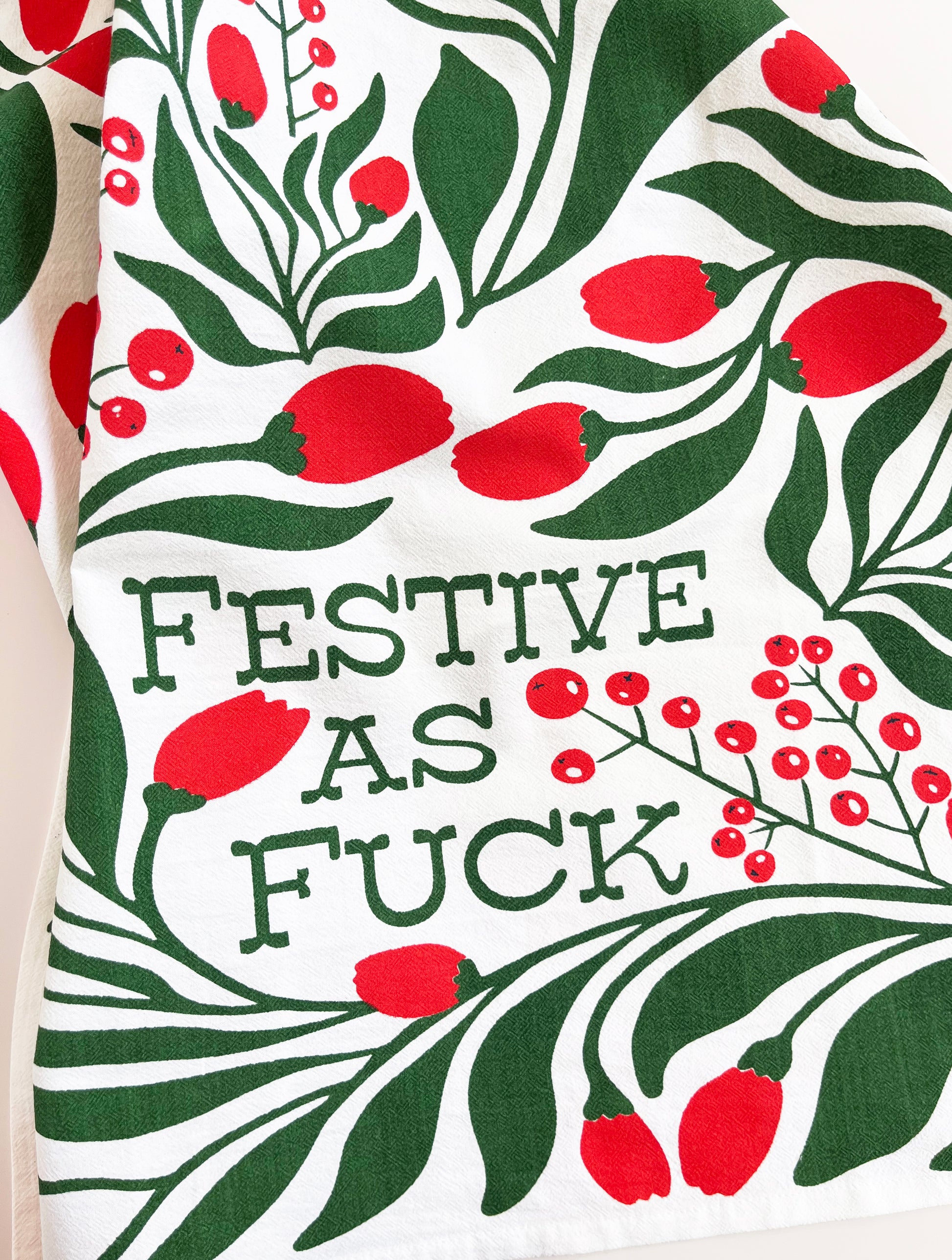 cute holiday tea towel red green vivid color flowers berries leaves festive as fuck gift coin laundry screen print 