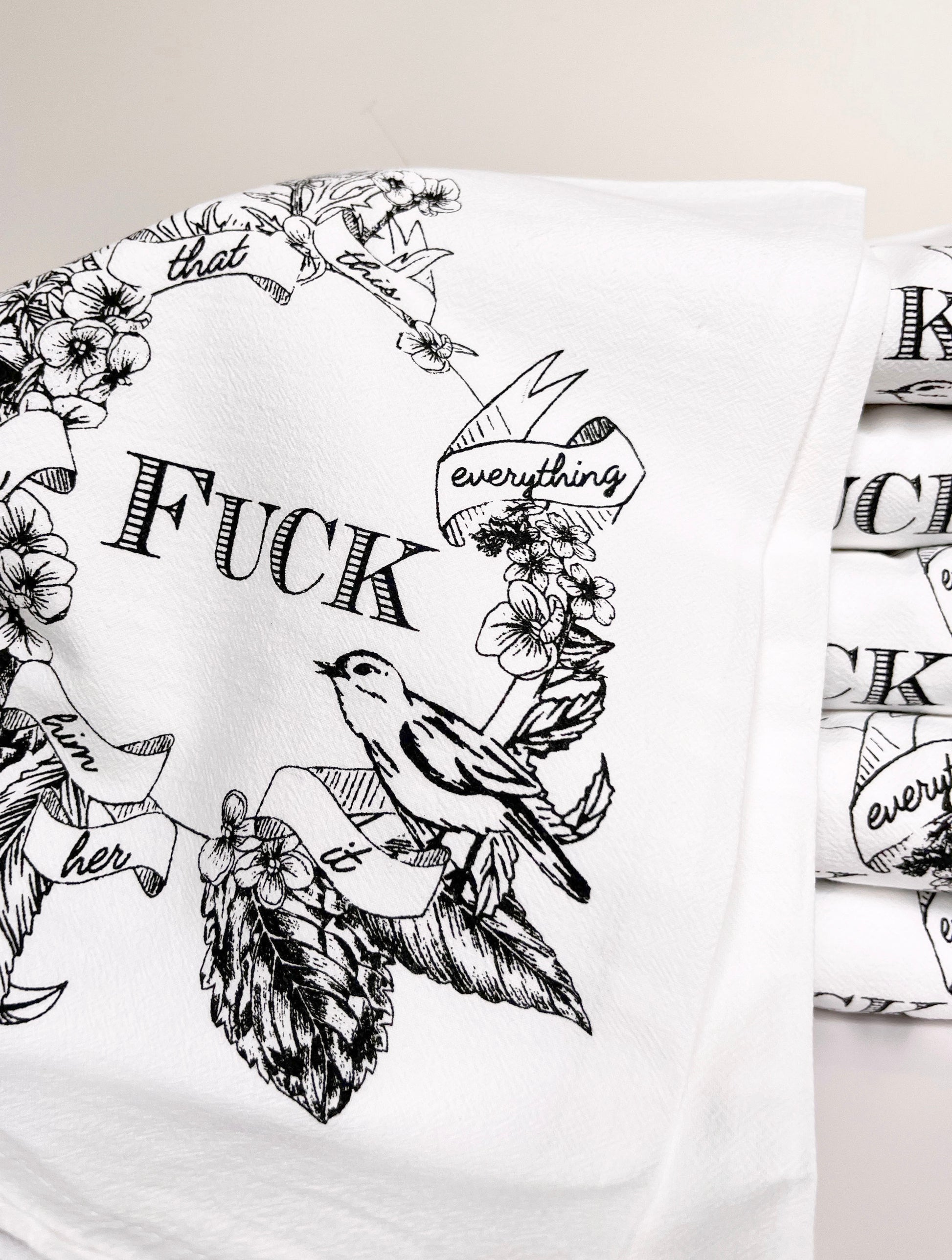 Funny fun kitchen dish tea towel coin laundry fuck this that everything bird with vintage style flowers floral wreath screen print printed coin laundry 