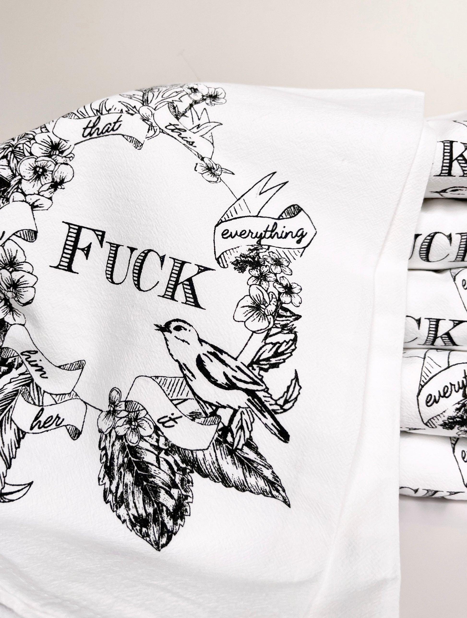 funny tea towel fuck everything cute host gift secret santa stocking stuffer bird with flowers floral vintage style farmhouse decor cute retro look coin laundry home decor