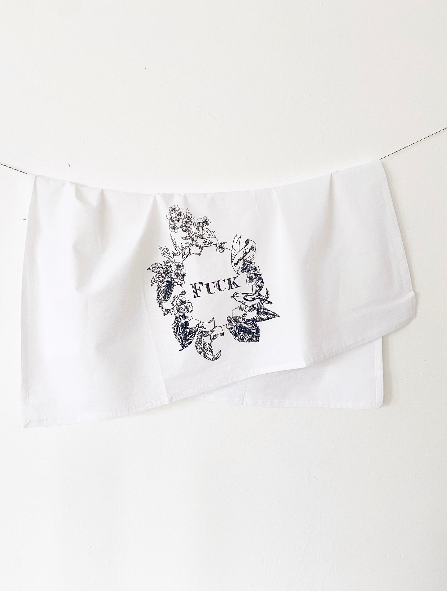 funny tea towel fuck everything cute host gift secret santa stocking stuffer bird with flowers floral vintage style farmhouse decor cute retro look coin laundry home decor