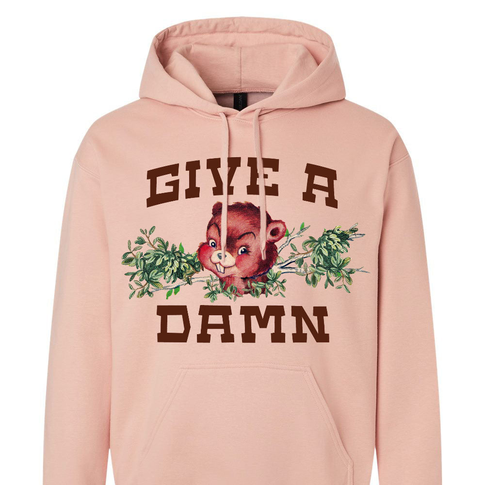 Pink hoodie with give a damn beaver graphic design 