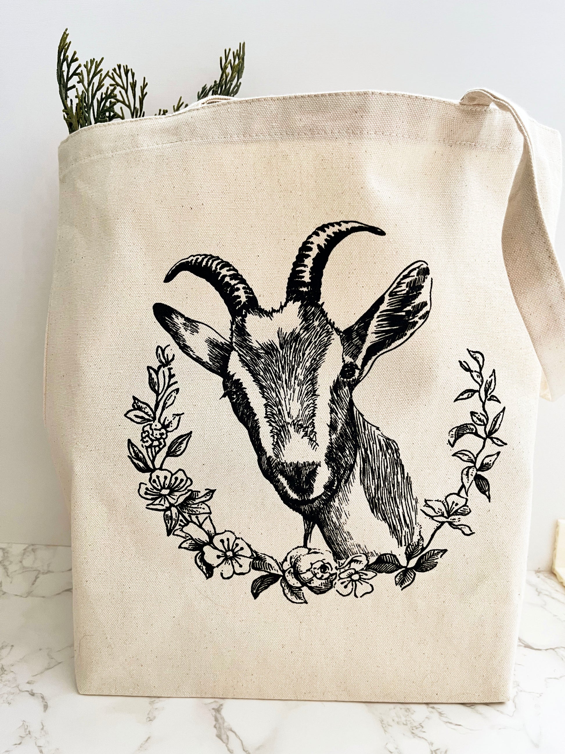 cotton canvass tote bag screen print goat flowers large coin laundry montana screen print