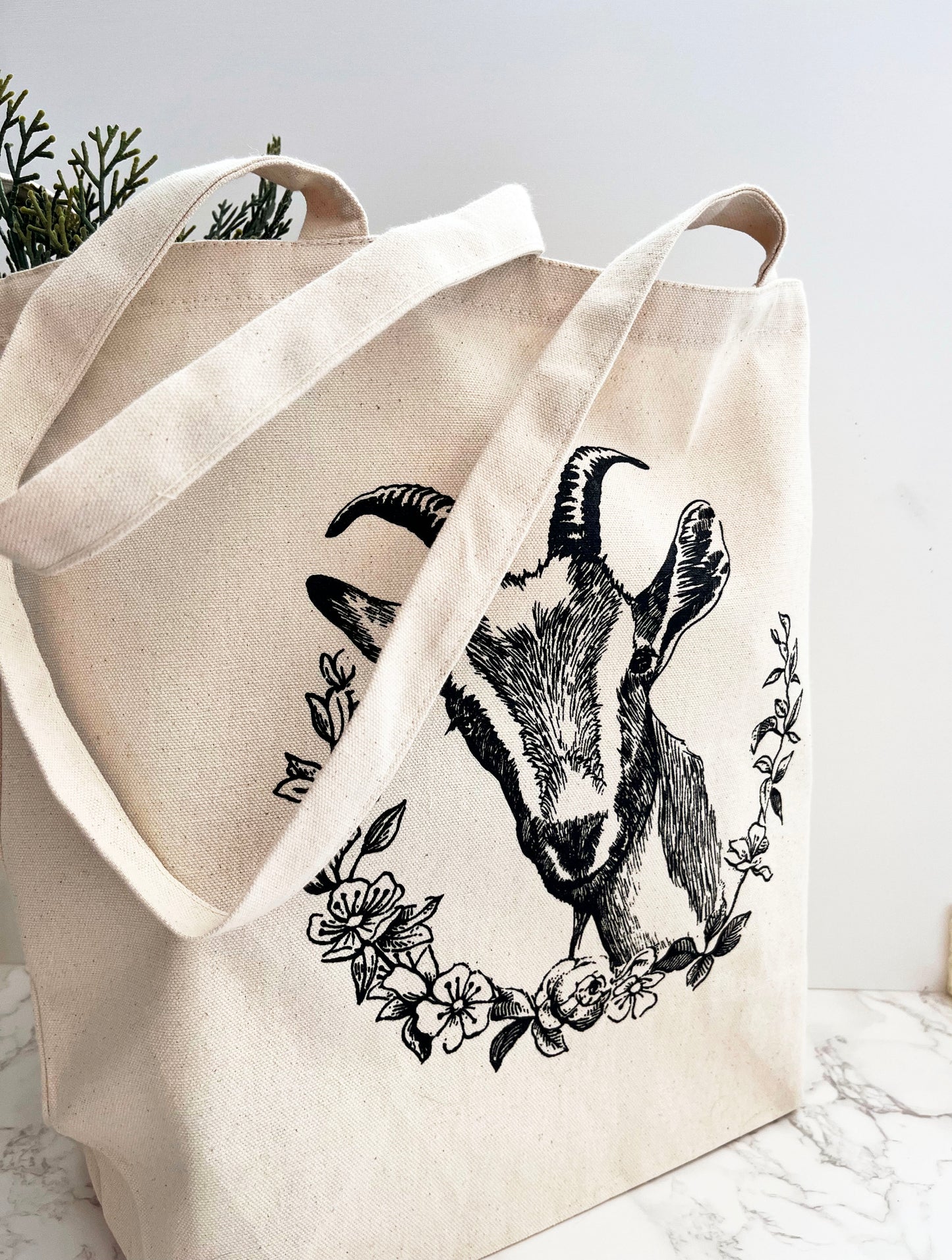 durable cream canvass tote bag screen printed black goat pygmy farm farmhouse cottagecore country living coin laundry 