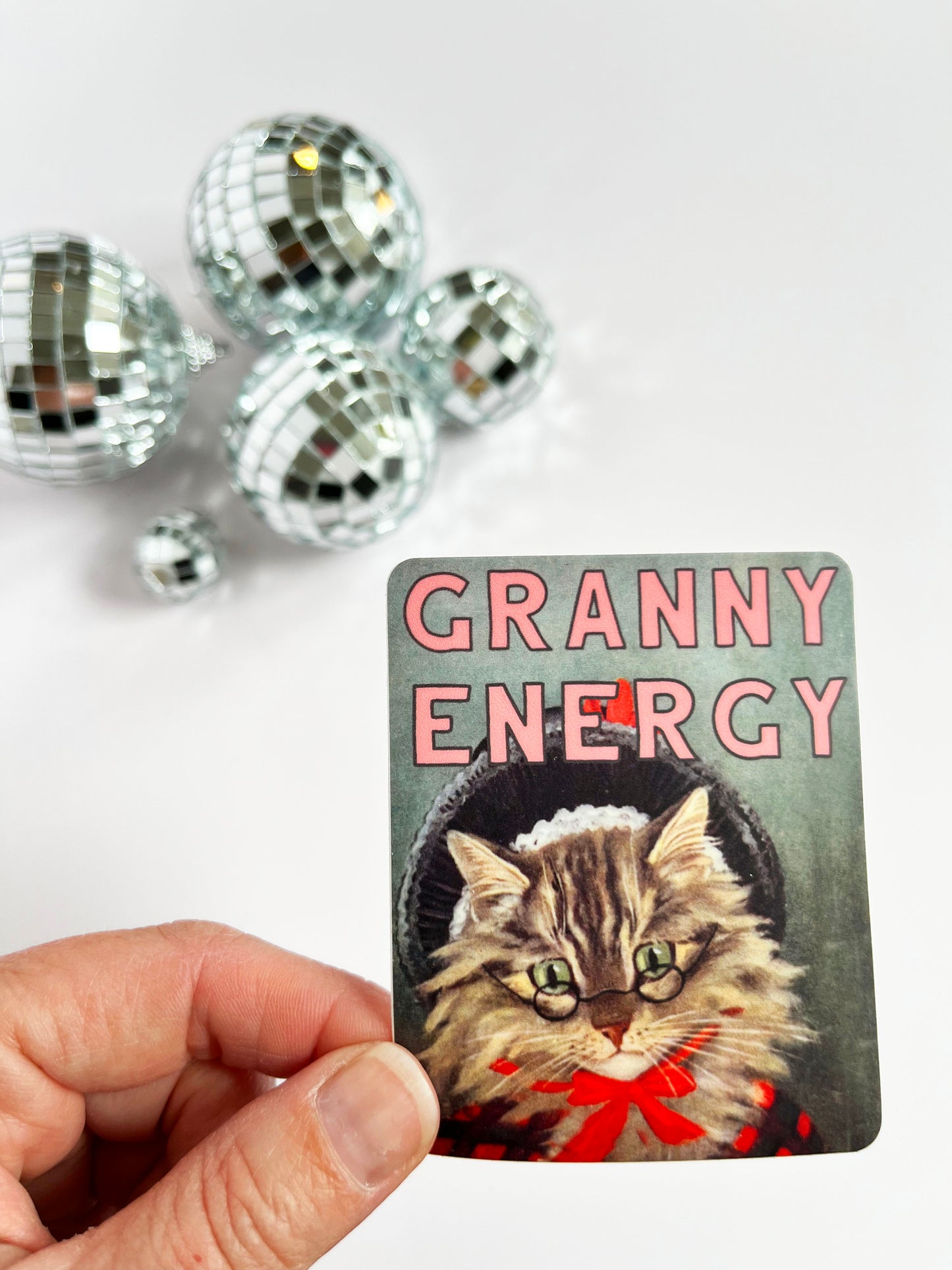 silly fun funny granny energy high quality vinyl sticker water bottle laptop car notebook journal coin laundry kitten cat kitty in vintage hat glasses grandmacore cottagecore farm garden sustainable living homemade crafts montana 