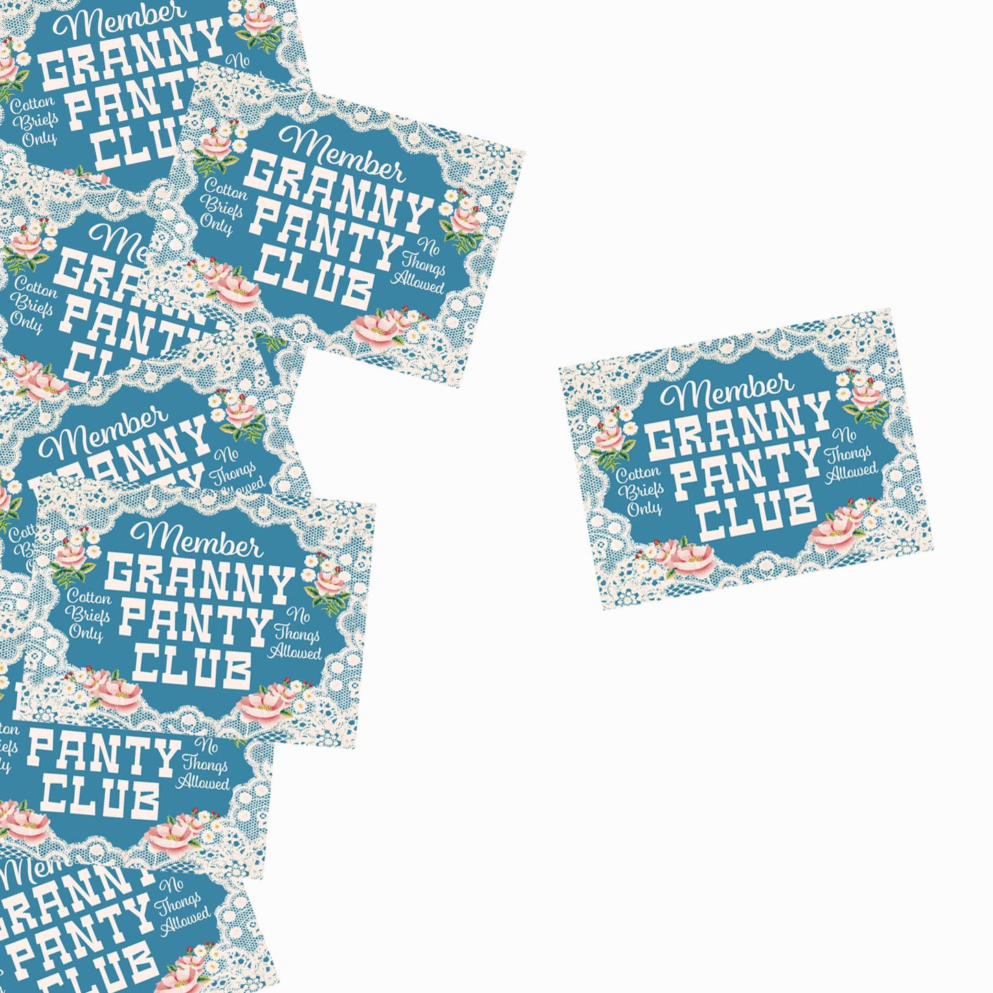 Floral-themed stickers with 'Member Granny Panty Club' text on a white background