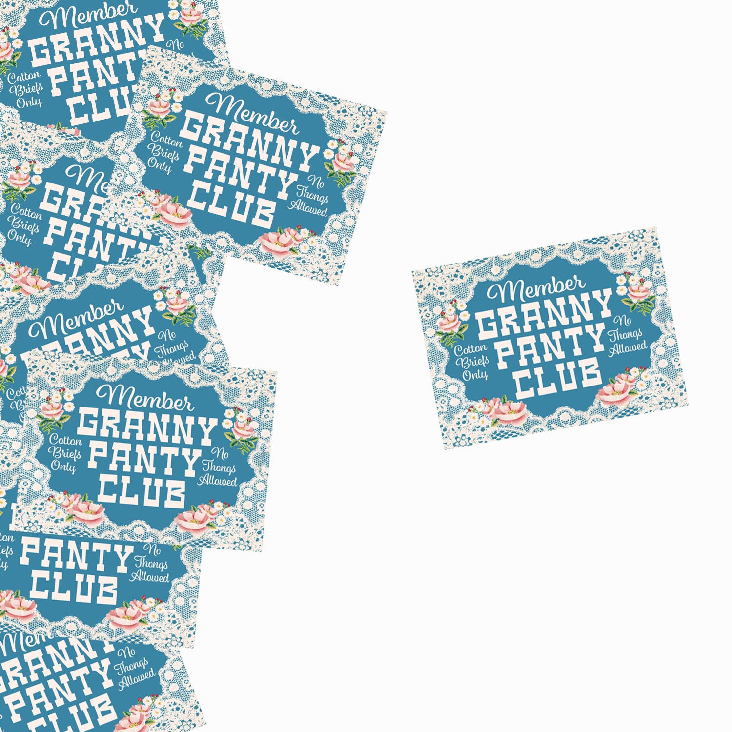 Floral-themed stickers with 'Member Granny Panty Club' text on a white background