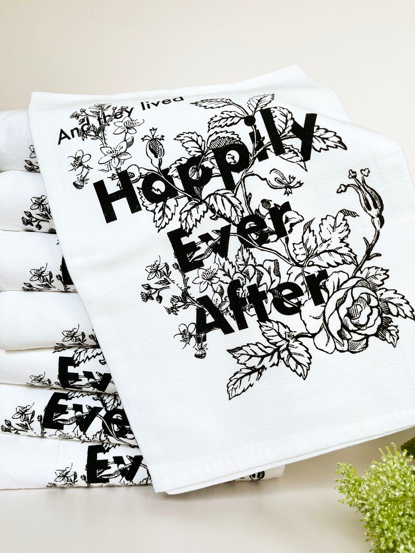 high quality cotton kitchen dish tea bar towel vintage floral design roses and they lived happily ever after housewarming engagement wedding shower gift marriage commitment black white screen print coin laundry  