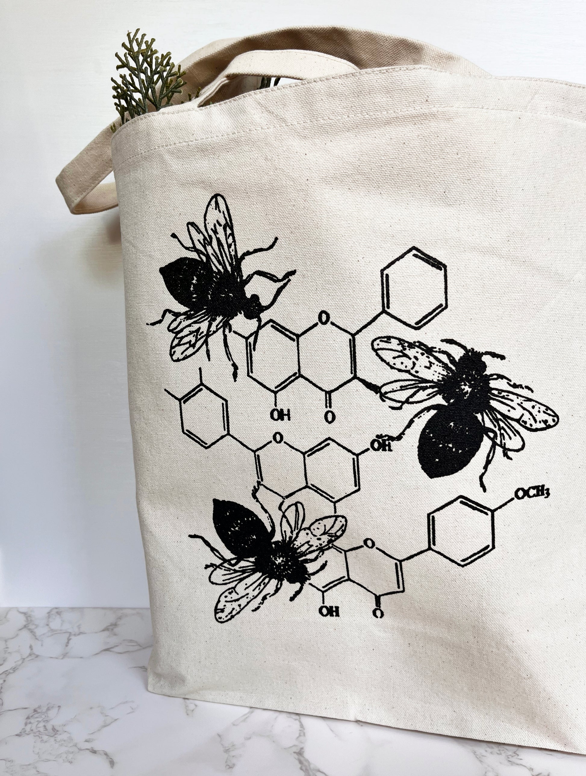 Coin Laundry screen print printed tote bag cotton canvas bee bees with chemical structure science honey chemistry reusable shopper